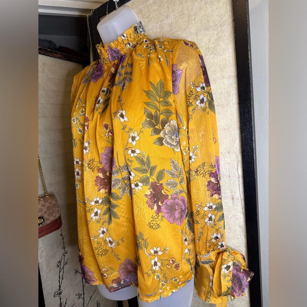 Elegant Floral Yellow Blouse with Purple Accents